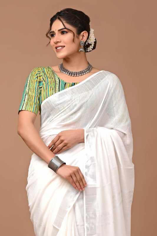 Pearl White Linen Saree With Extra Ajrakh Printed Blouse
