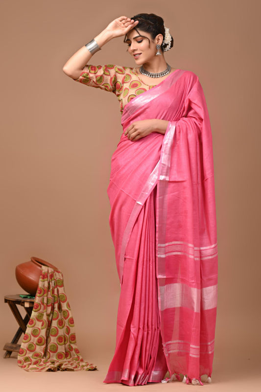 Rose Pink Linen Saree With Extra Ajrakh Printed Blouse