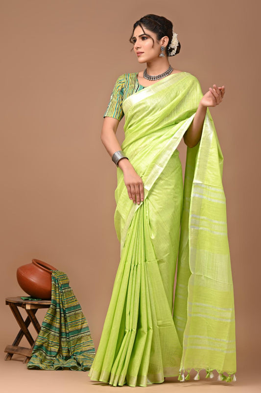 Lime Green Linen Saree With Extra Ajrakh Printed Blouse