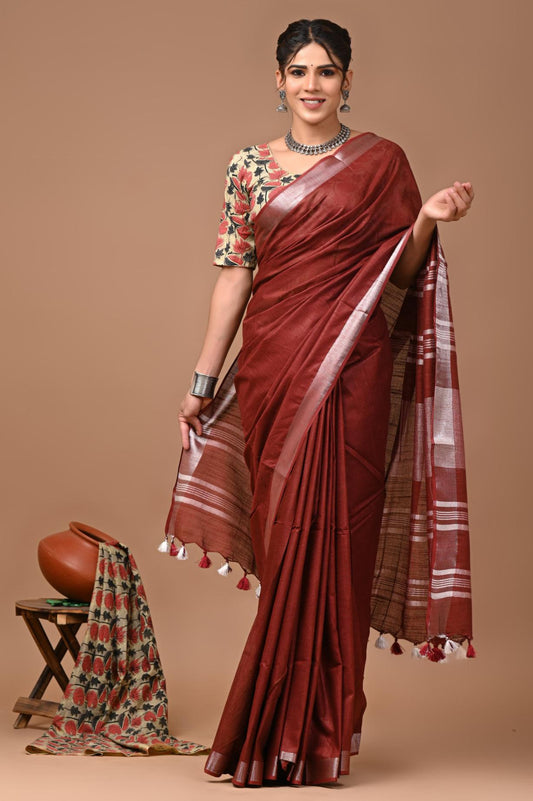 Maroon Linen Saree With Extra Ajrakh Printed Blouse