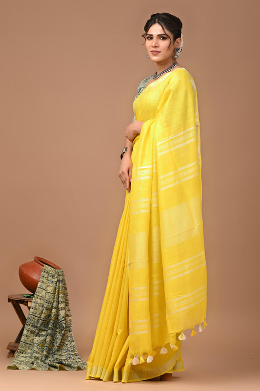 Cadmium Yellow Linen Saree With Extra Ajrakh Printed Blouse