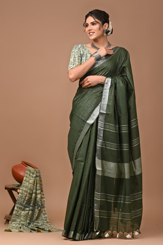 Moss Green Linen Saree With Extra Ajrakh Printed Blouse