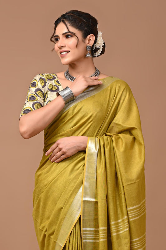Olive Green Linen Saree With Extra Ajrakh Printed Blouse