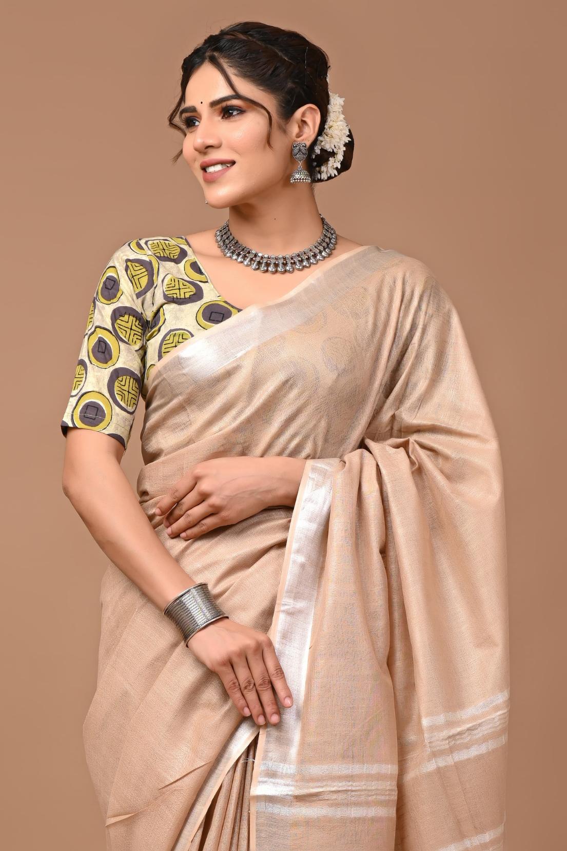 Latte Brown Linen Saree With Extra Ajrakh Printed Blouse