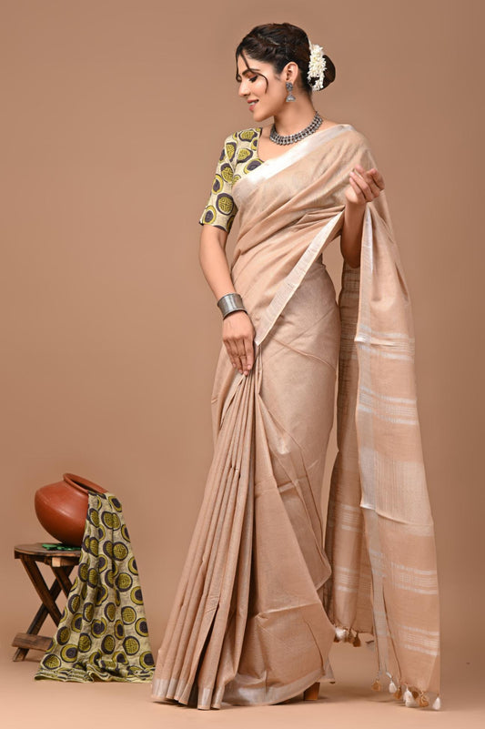 Latte Brown Linen Saree With Extra Ajrakh Printed Blouse