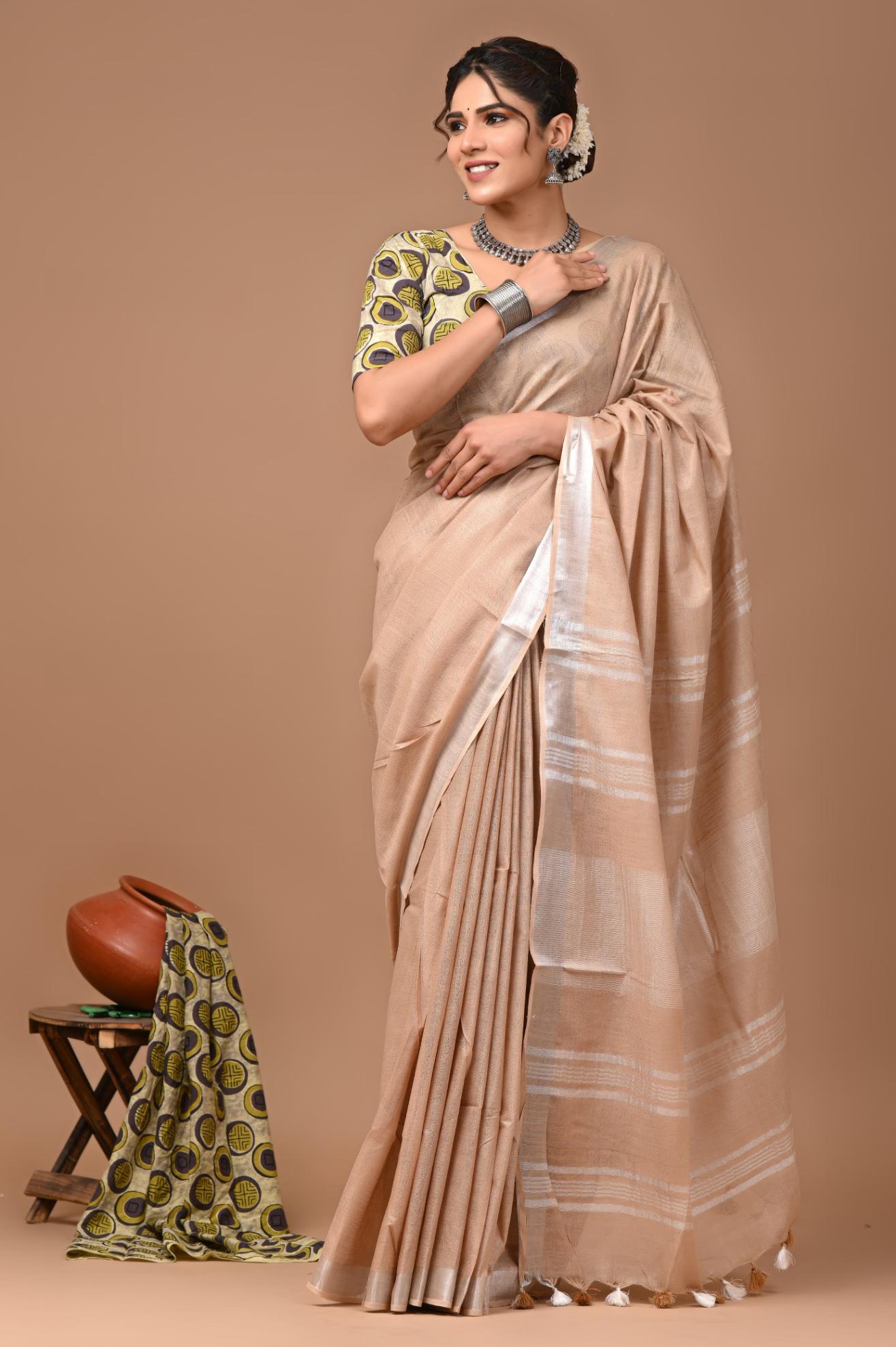 Latte Brown Linen Saree With Extra Ajrakh Printed Blouse