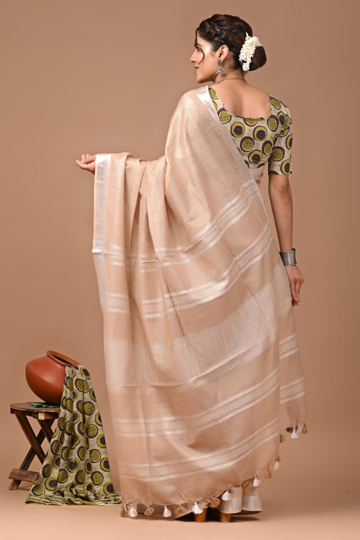 Latte Brown Linen Saree With Extra Ajrakh Printed Blouse
