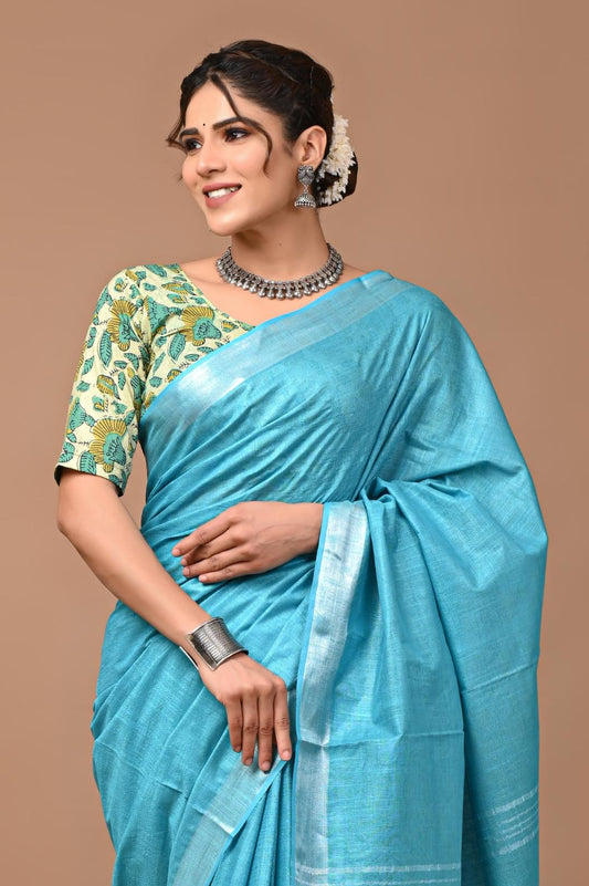 Sky Blue Linen Saree With Extra Ajrakh Blouse