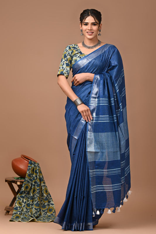 Ink Blue Linen Saree With Extra Ajrakh Printed Blouse