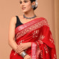 Crimson Red Linen Saree With Handblock Printed Lotus Motifs