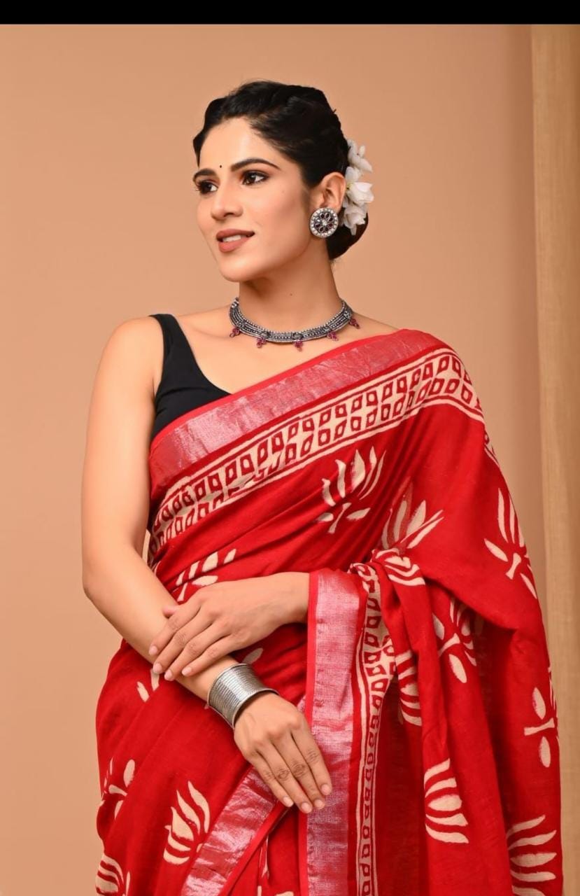 Crimson Red Linen Saree With Handblock Printed Lotus Motifs