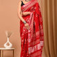 Crimson Red Linen Saree With Handblock Printed Lotus Motifs