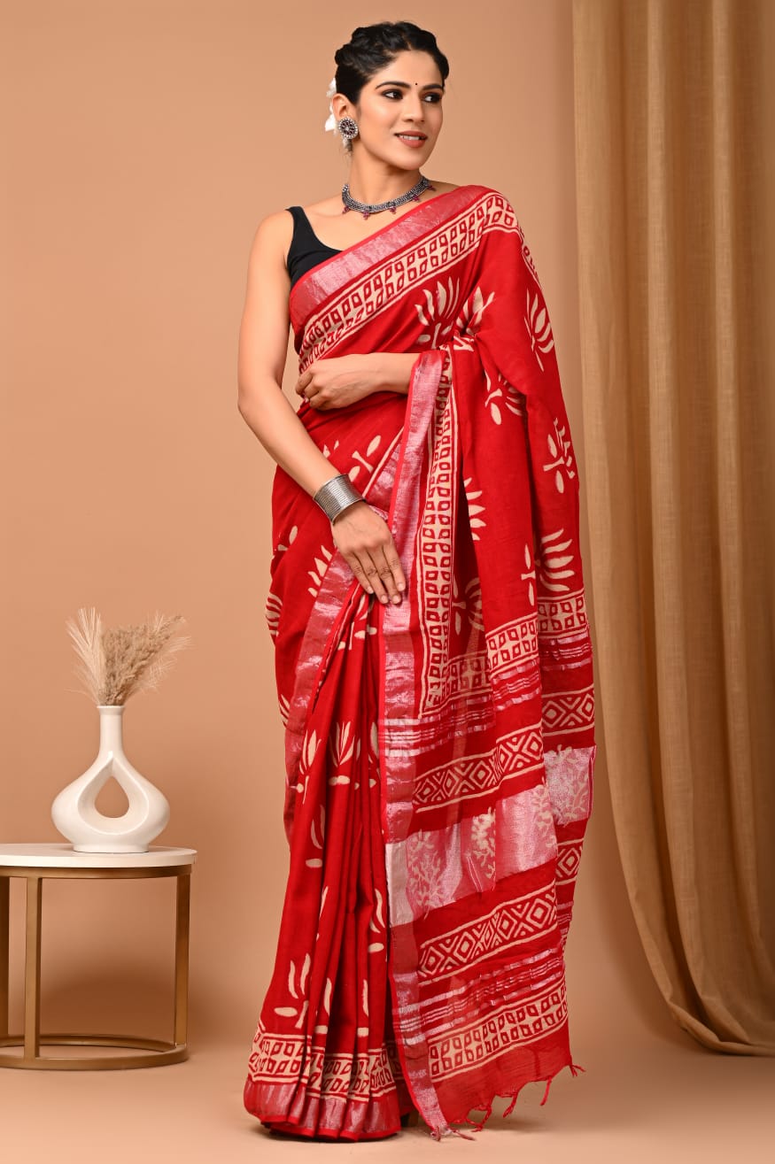Crimson Red Linen Saree With Handblock Printed Lotus Motifs