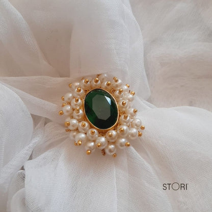 Mahuya Pearl Halo Glossy Stone Finger Ring