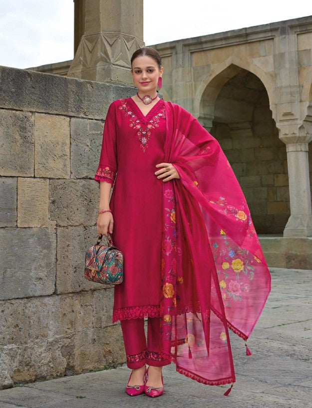 Rani Pink Embroidered Viscose Salwar Suit