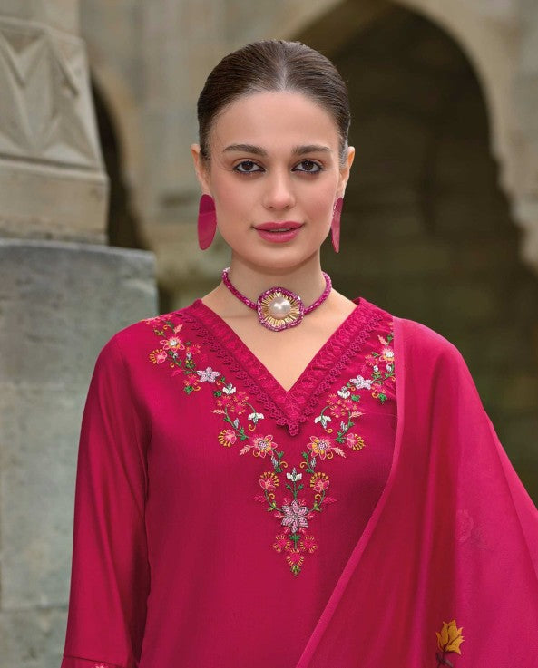 Rani Pink Embroidered Viscose Salwar Suit