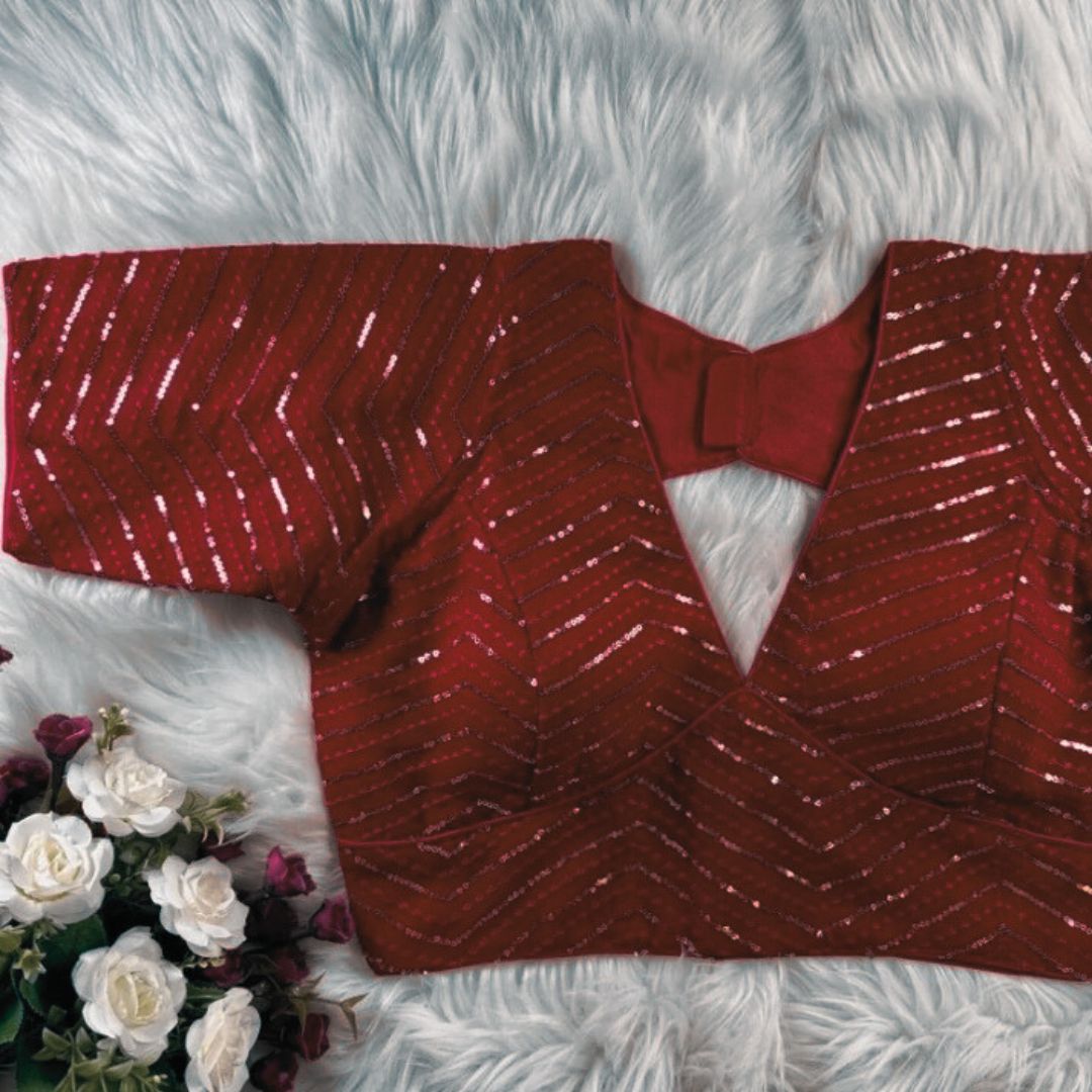 Maroon V Neck Sequined Blouse Online - STORI