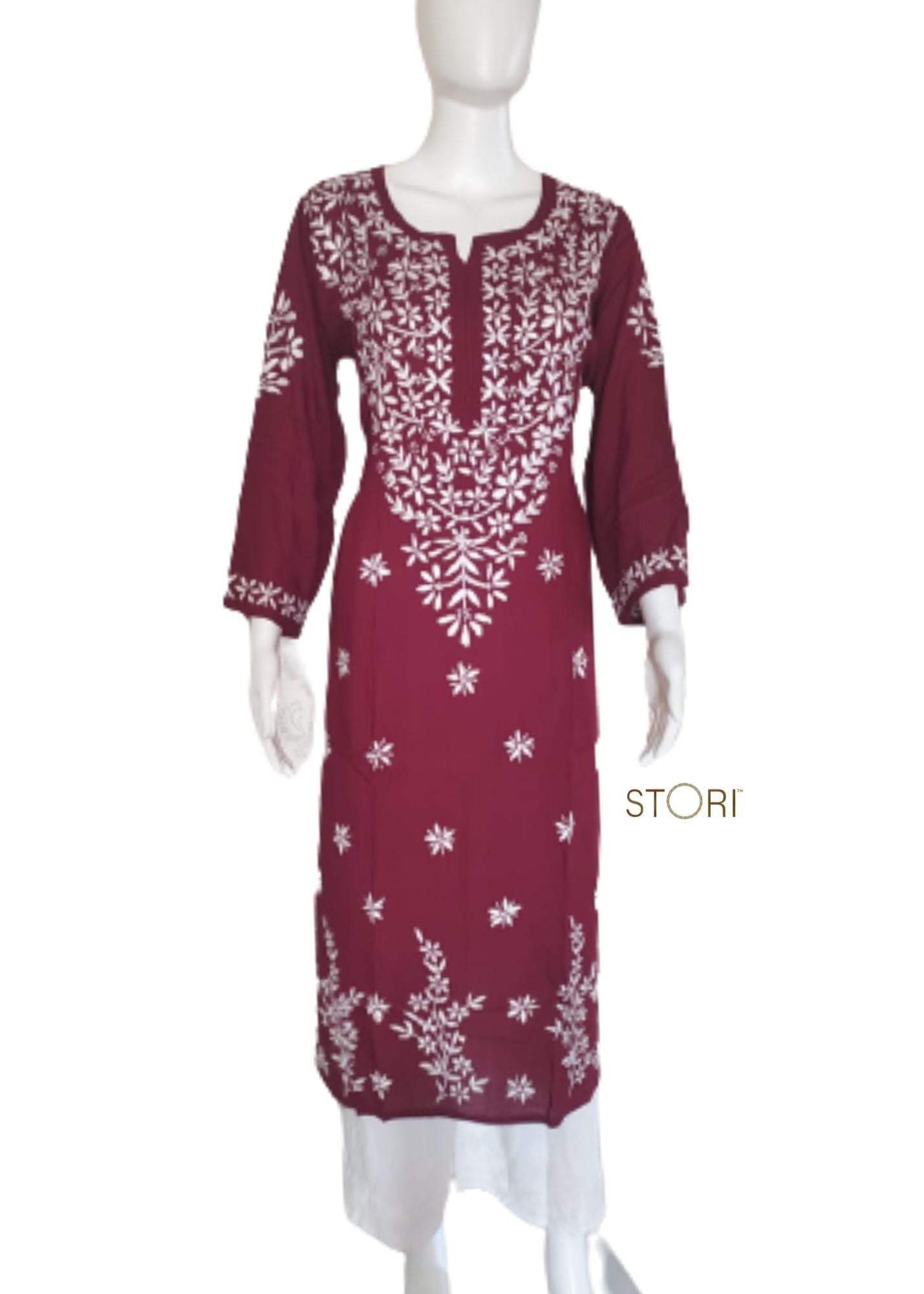 Zaarah Maroon Handcrafted Soft Modal Cotton Chikankari Kurti