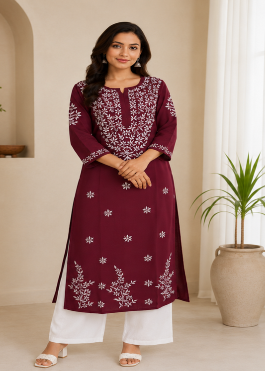Zaarah Maroon Handcrafted Soft Modal Cotton Chikankari Kurti