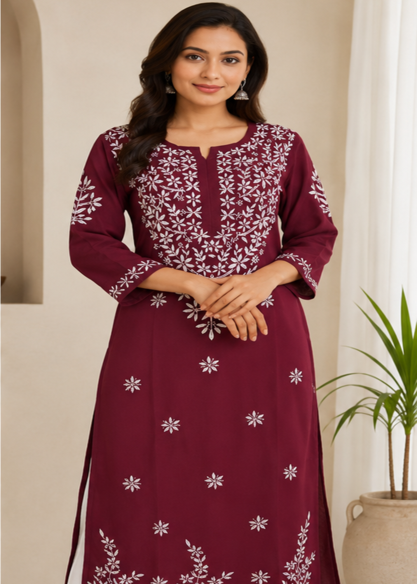 Zaarah Maroon Handcrafted Soft Modal Cotton Chikankari Kurti