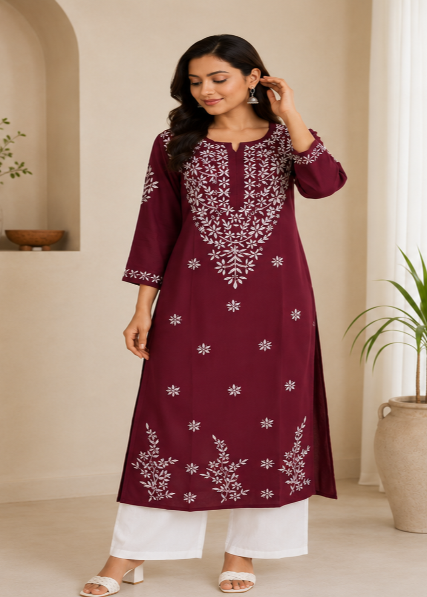 Zaarah Maroon Handcrafted Soft Modal Cotton Chikankari Kurti