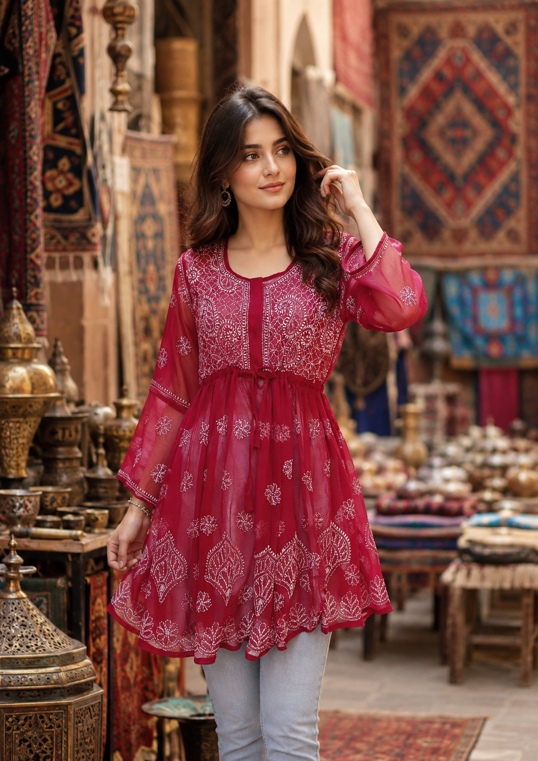 Adila Maroon Short Georgette Chikankari Kurti With Bell Sleeves