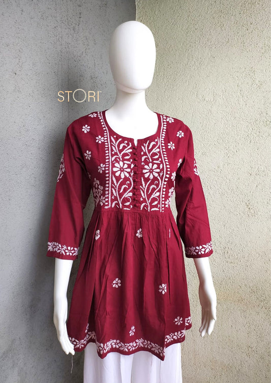 Maroon Flared Cotton Short Chikankari Kurti