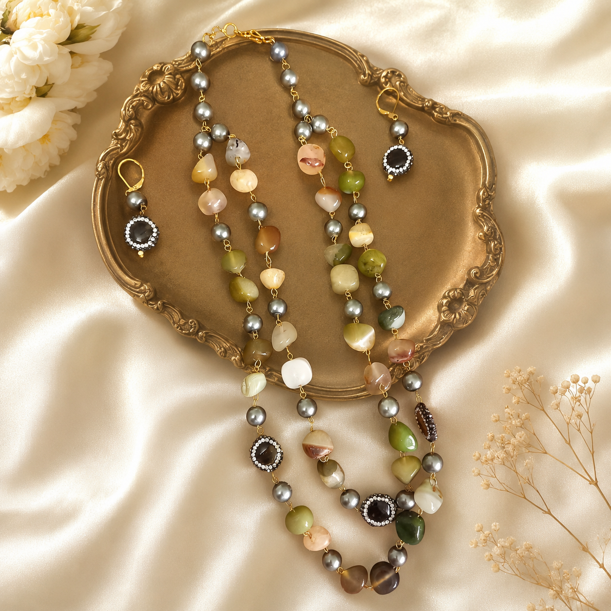 Martha 2 layer stone necklace with and earring 3