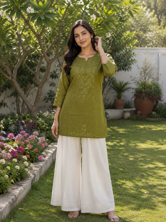 Mehendi Green Dobby Cotton Short Chikankari Kurti