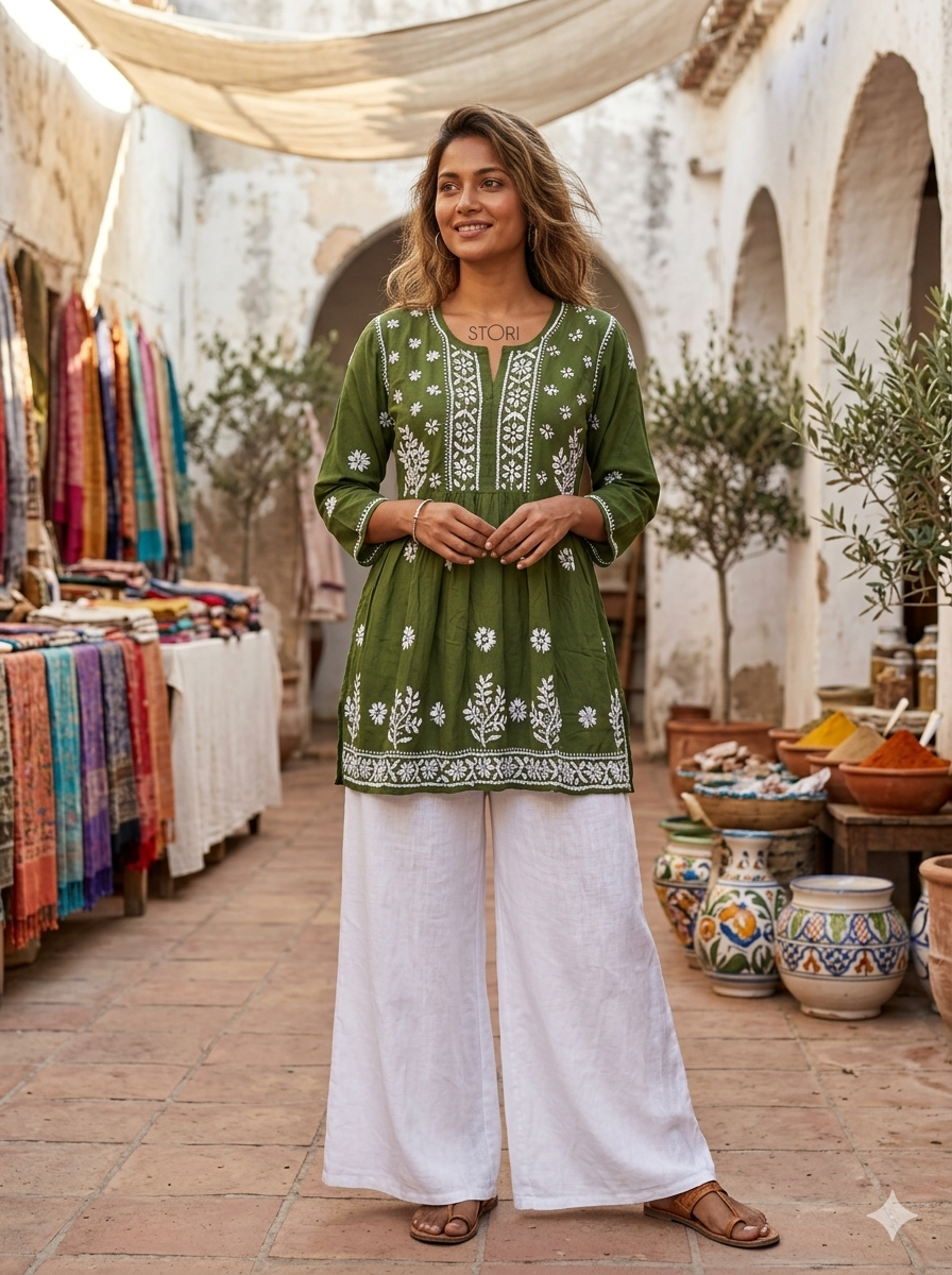 Mehendi Green Flared Rayon Short Chikankari Gown Kurti