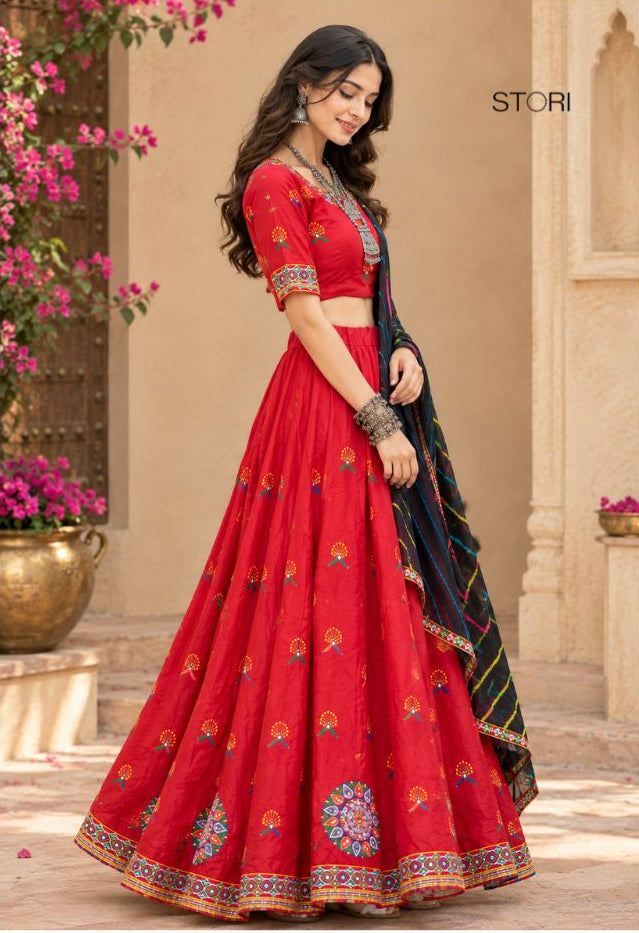 STORI Red Embroidery Lehenga Choli Set