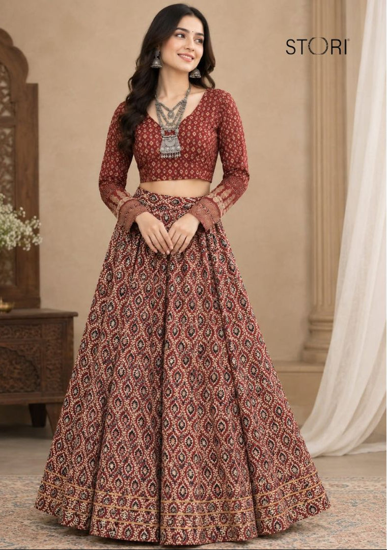 STORI Navratri Ajarakh  Maroon Skirt And Blouse