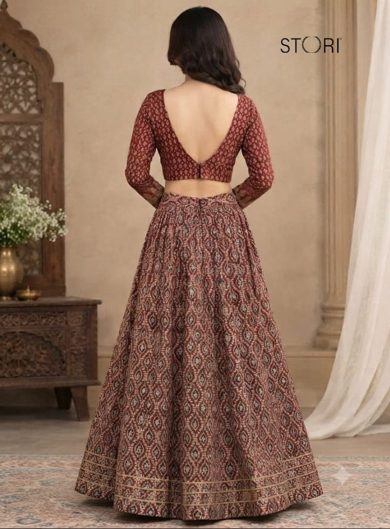 STORI Navratri Ajarakh  Maroon Skirt And Blouse
