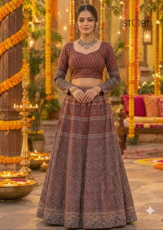 STORI Navratri Ajarakh Block Printed Skirt And Blouse