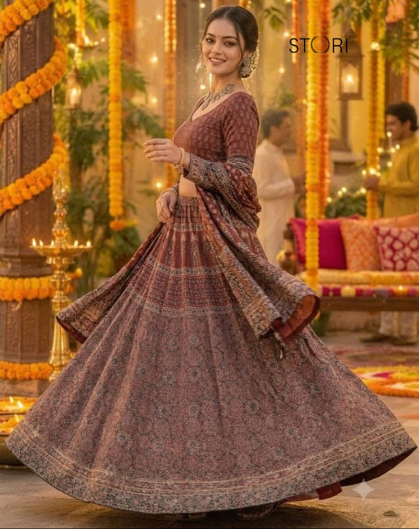 STORI Navratri Ajarakh Block Printed Skirt And Blouse