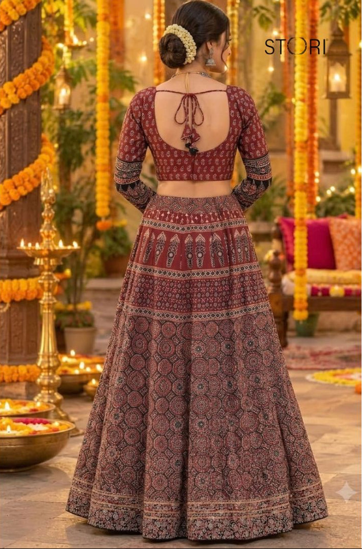 STORI Navratri Ajarakh Block Printed Skirt And Blouse