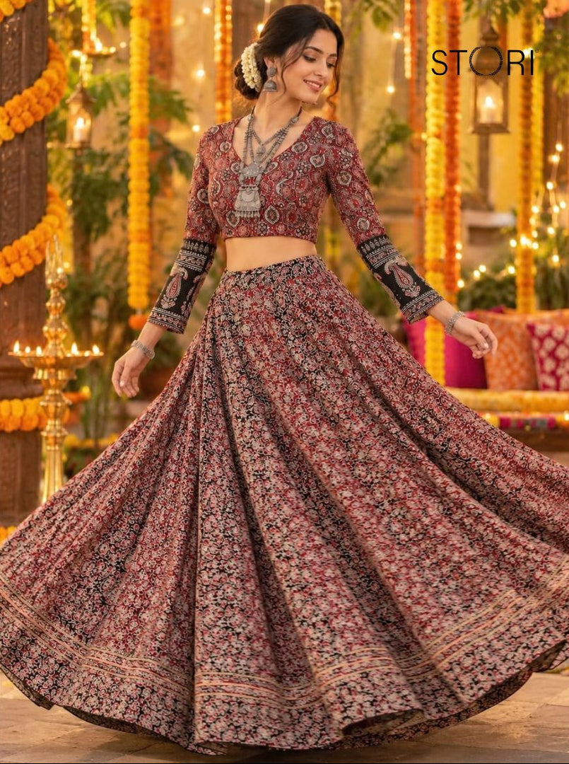 STORI Navratri Ajarakh Brownish Red Skirt And Blouse