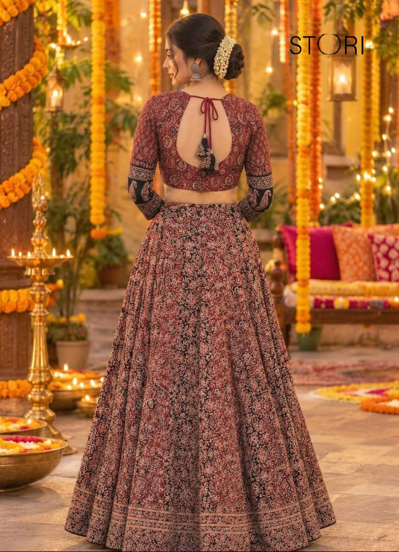 STORI Navratri Ajarakh Brownish Red Skirt And Blouse
