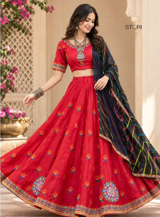 STORI Red Embroidery Lehenga Choli Set