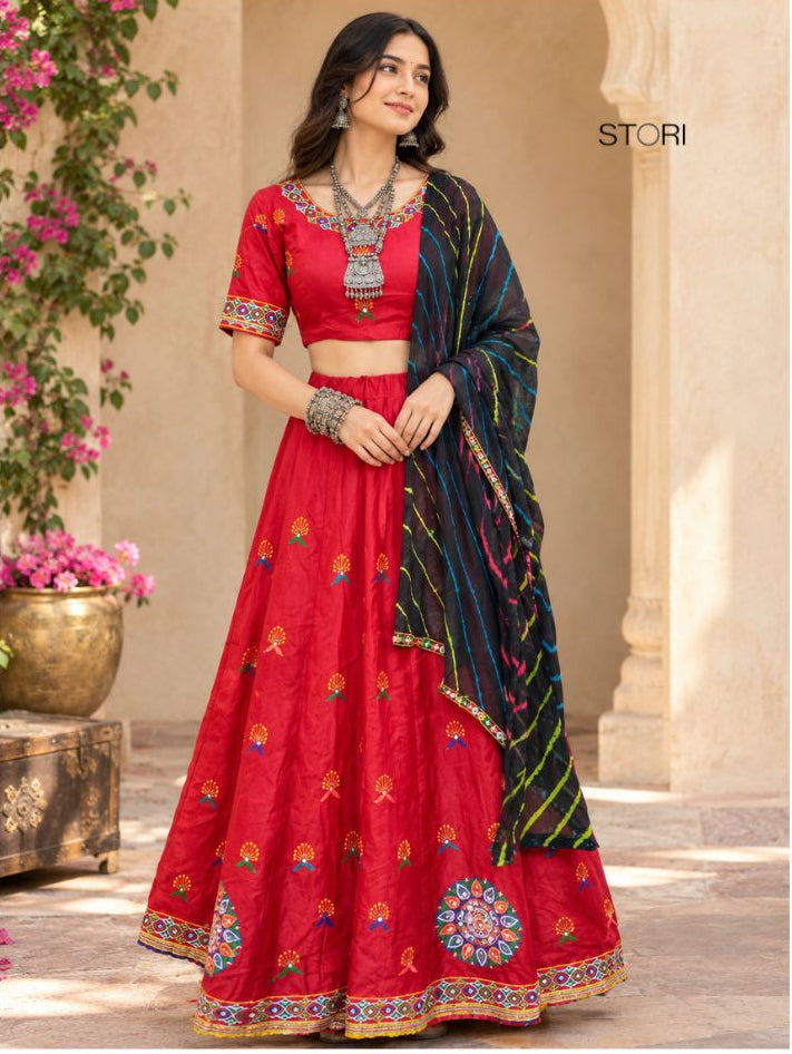 STORI Red Embroidery Lehenga Choli Set
