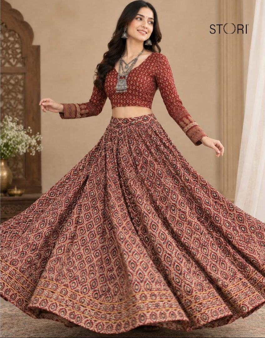 STORI Navratri Ajarakh  Maroon Skirt And Blouse