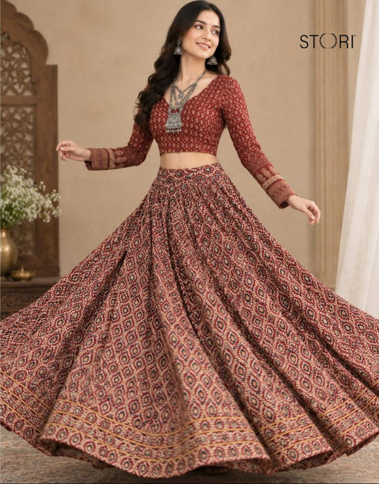 STORI Navratri Ajarakh  Maroon Skirt And Blouse