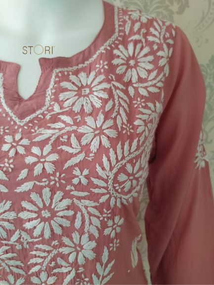 Neevya Powder Pink Soft Modal Handcrafted Short Chikankari Kurti