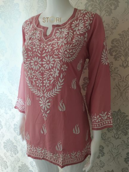 Neevya Powder Pink Soft Modal Handcrafted Short Chikankari Kurti
