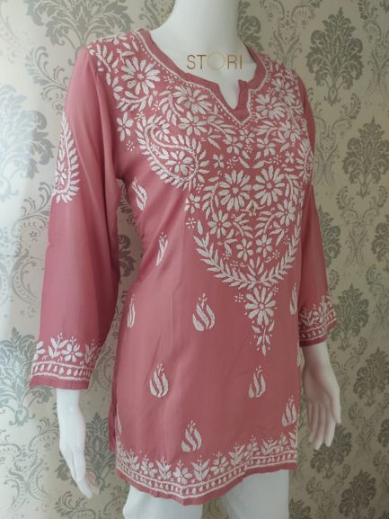 Neevya Powder Pink Soft Modal Handcrafted Short Chikankari Kurti