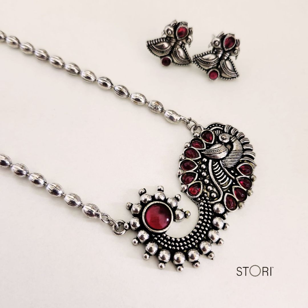 Taksha Nath Pendant Oxidised Long Necklace Set