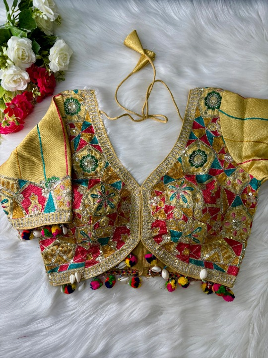 Gold Silk Blouse With Kutchi Embroidery