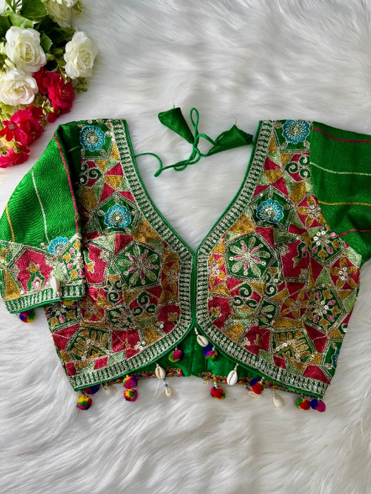 Green Silk Blouse With Kutchi Embroidery