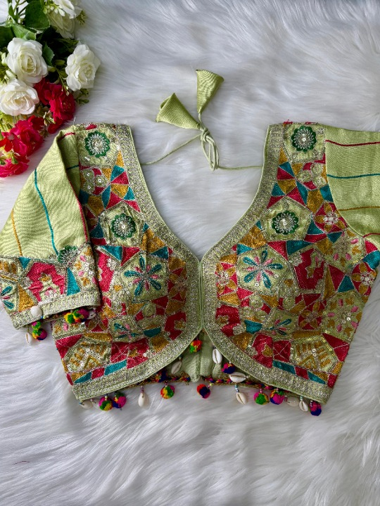 Pista Green Silk Blouse With Kutchi Embroidery