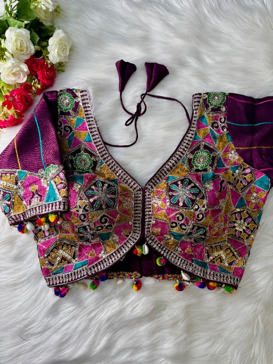 Wine Silk Blouse With Kutchi Embroidery